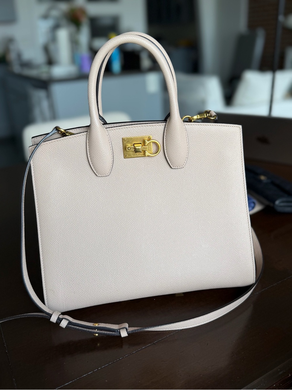 Salvatore Ferragamo Pink Beige Grained Leather Studio Box Handbag